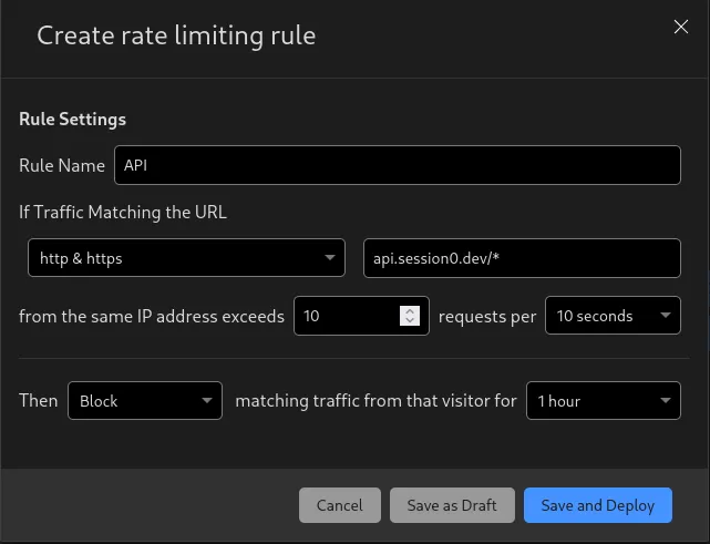 Screenshot showing Cloudflare Rate Limiting Configuration