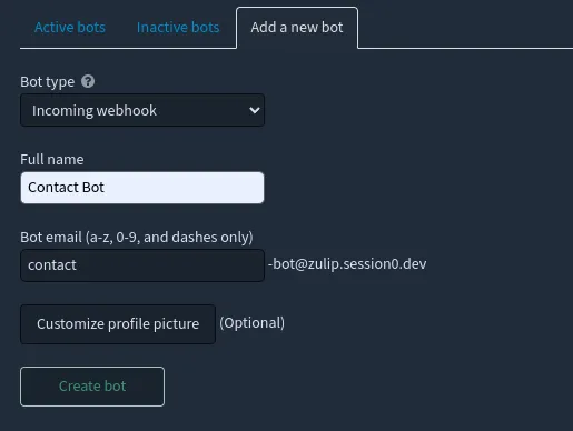 Screenshot showing Zulip API Bot Configuration